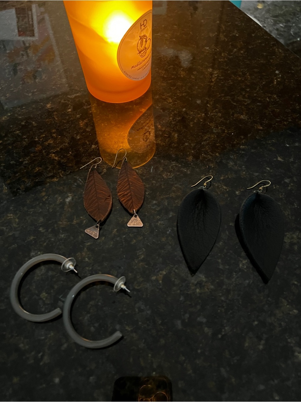 Set of 3 Earrings - Black Leather, Brown Leather, Gray Lucite